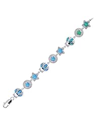 Silver 8" Rhodium Finish Textured Shiny Sand Dollar Shell Star Fish Created Opal Bracelet With Lobster Clasp