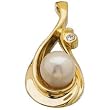 Cultured White Pearl, Round Diamonds, 14Kt. Yellow Gold. Pearl & Diamond Pendant
