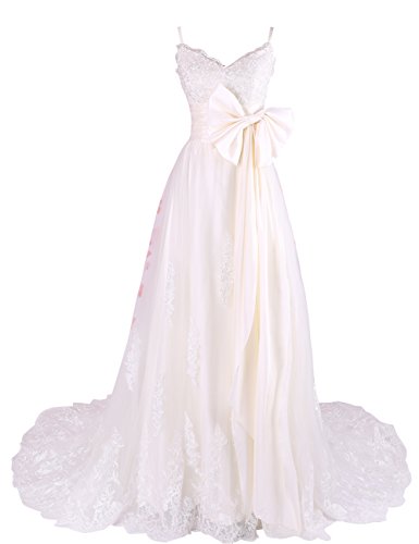 Dressystar細いセクシーなストラップ　ⅴネック　蝶の結びウェスト　レース　トレーンドレス　紐付け ウェディングドレス　結婚式ドレス　二次会ドレス イブニングワンピース