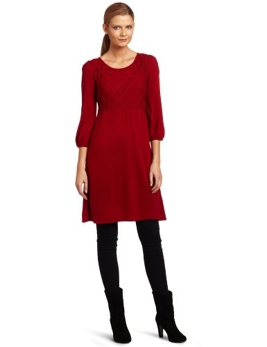 AGB Women's Round Neck Sweater Dress with Three Quarter Sleeves, Red, Medium