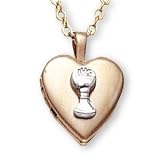 14K Gold Filled - Sterling Silver Communion Chalice on Heart Locket and 18-inch Chain