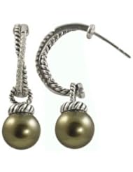 Sterling silver oxidized 9-10mm Tahitian cultured pearl and diamond (.219ctw) earrings.