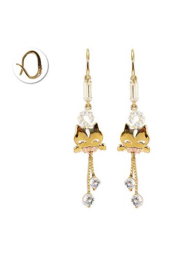 14k Yellow Gold, Cat Kitten Dangling Drop Earring with Lab Created Gems