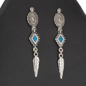 Earring, lead-safe, turquoise (stabilized) and silver-plated pewter, blue and silver, 80x10mm oval, diamond and feather dangle, surgical steel earstuds