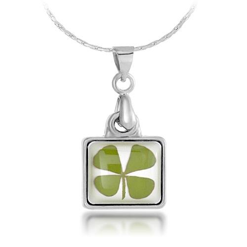 Real Irish Four Leaf Clover Small Square Pendant Necklace 