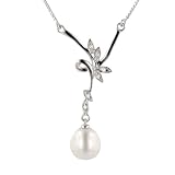Sterling Silver Freshwater Cultured Pearl Floral Chain and Cubic Zirconia Necklace, 16.25+1.25 Extender