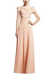 A-line Chiffon/Polyester High-Neck Lace Short Sleeves Cocktail Floor Length Short Natural   Waistline Evening Dress/Homecoming Dress/Prom Dress/Wedding Party Dress 