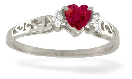14K White Gold Genuine Heart Ruby and Diamond Filligree Ring