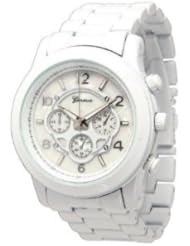 The "Boyfriend" watch. Large Sized Ceramic Designer Style Fashion Watch with White Band and White Face with Silver Lining.