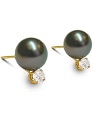 18K yellow gold 9mm Black Tahitian cultured pearl and diamond .40 t.d.w. earring