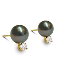 18K yellow gold 10mm Black Tahitian cultured pearl and diamond .50 t.d.w. earring