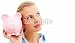 Wallmonkeys Peel and Stick Wall Decals - Young Lady Listening for Coins in Her Piggy Bank - Removable Graphic