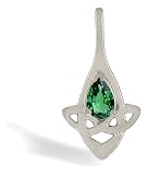 14K White Gold Pear Created Emerald and Diamond Celtic Claddagh Pendant
