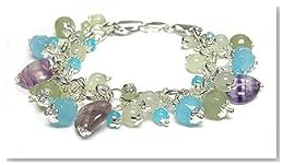 Sterling Silver Genuine Blue Agate, Fluorite, and Green Jade Charm Bracelet - 7.5"