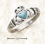 Sterling Silver Small Claddaugh Ring With Turquoise Heart - Size 7.0