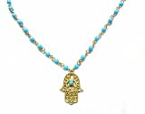 Golden Hamsa/Hand of Fatima Rosary Necklace with Turquoise Beads - Adjustable