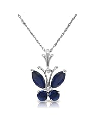 14K White Gold Butterfly Natural Blue Sapphire Drop Pendant Necklace