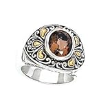 925 Silver & Smoky Quartz Oval Sunburst Ring with 18k Gold Accents- Sizes 6-8