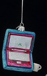 Mouth Blown Glass Blue Glitter "Yule Got Mail" Laptop Christmas Ornament 3.5"