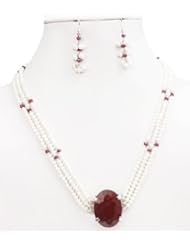 Natural Ruby & Pearl Beaded Designer 3 Strands Necklace with 925 Sterling Silver Oval Ruby Clasp + Free Earrings