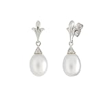 10k White Gold Oval Pearl Diamond Accent Drop Earrings