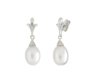 10k White Gold Oval Freshwater Cultured Pearl Diamond Accent Drop Earrings