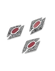 Sterling Silver Marquise Carnelian CZ Marcasite Covered Diamond Vintage Earring Pendant Set