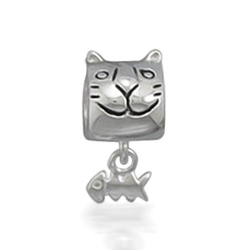 Bling Jewelry 925 Sterling Silver Kitty & Fish Bone Animal Barrel Bead Pandora Chamilia Biagi Troll Compatible