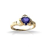 14K Yellow Gold Heart Created Sapphire and Diamond Celtic Claddagh Ring