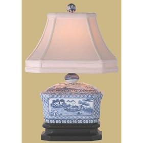 Unique Asian Design Lighting - 15" Blue & White Canton Tea Candy Box Oriental Style Fine Table Lamp