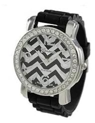Geneva Platinum 12969612 Womens Czech Rhinestone-accented Chevron Print Silicone Watch-BLACK/SILVER