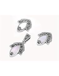 Sterling Silver Marquise Pearl Marcasite Tip Vintage Style Earring Pendant Set