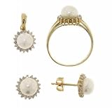 1/3 Carat Pearl Diamond 14K Yellow Gold Ring Stud Earrings, Ring, and Pendant Set