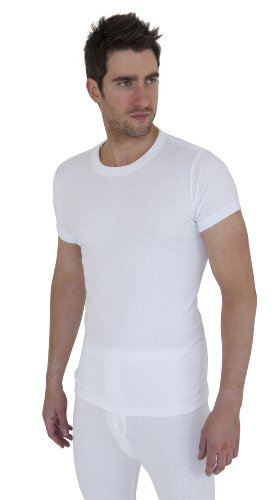 FLOSO Mens Thermal Underwear Short Sleeve T-Shirt Vest Top (Standard Range) (Chest: 32-34ins (Small)) (White)