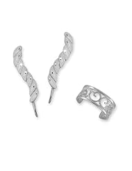 The Ear Pin 10k White Gold Diamond Cut Earrings with Beaded Earcuff Jewelry Set