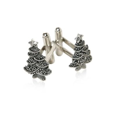 Pewter Christmas Tree Cufflinks in Silver Setting