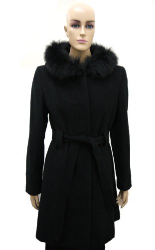 Women's Black Wool Coat with Fox Trim Hood Women's Black Wool Coat with Fox Trim Hood
