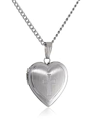 Sterling Silver Small Engraved Cross Heart Locket Necklace, 18"