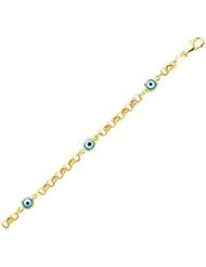 5.5" 14K Yellow Gold 2.0mm (0.08") Cable Link Chain w/ Baby Evil Eye Children Bracelet w/ Pear Shape Clasp