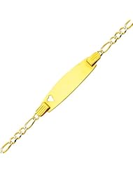14K Yellow Gold White Pave 2.5mm Baby Heart ID Figaro Bracelet with Lobster Claw Clasp - 6" Inches