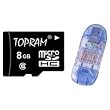TOPRAM 8GB 8G microSD microSDHC Memory Card Transflash Class 6 with SD Adapter and R1 Card Reader - TRmicroSD8Gc6R1