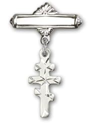 Sterling Silver Baby Badge with Greek Orthadox Cross Charm and Polished Badge Pin