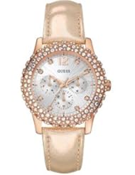 GUESS Womens U0336L4 Rose Gold-Tone Metallic Leather Multi-Function Watch with Genuine Crystal Accents