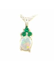 Luxury Ladies Solid White 9K Gold Natural Opal and Emerald Contemporary Pendant Necklace - Ideal for Christmas, Birthday, Anniversary or Mothers Day Gift
