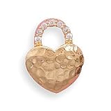 14 Karat Gold Plated Hammered Design Heart Slide with CZs