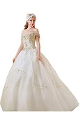 Off the Shoulder Satin Lace Crystal   Ball Gown  Dress with a Chapel Train 