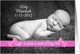 Baby Girl Customizable Birth Announcement Photo Card Sugar and Spice Card