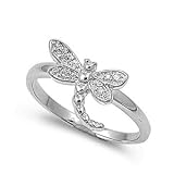 Rhodium Plated Sterling Silver 12mm Dragonfly Clear CZ Ring (Size 5 - 9)