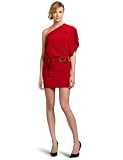 Wrapper One-Shoulder Dress with Gold Metal Rings Belt