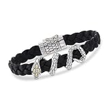 Braided Black Leather Balinese Snake Bracelet, Emeralds In Two-Tone